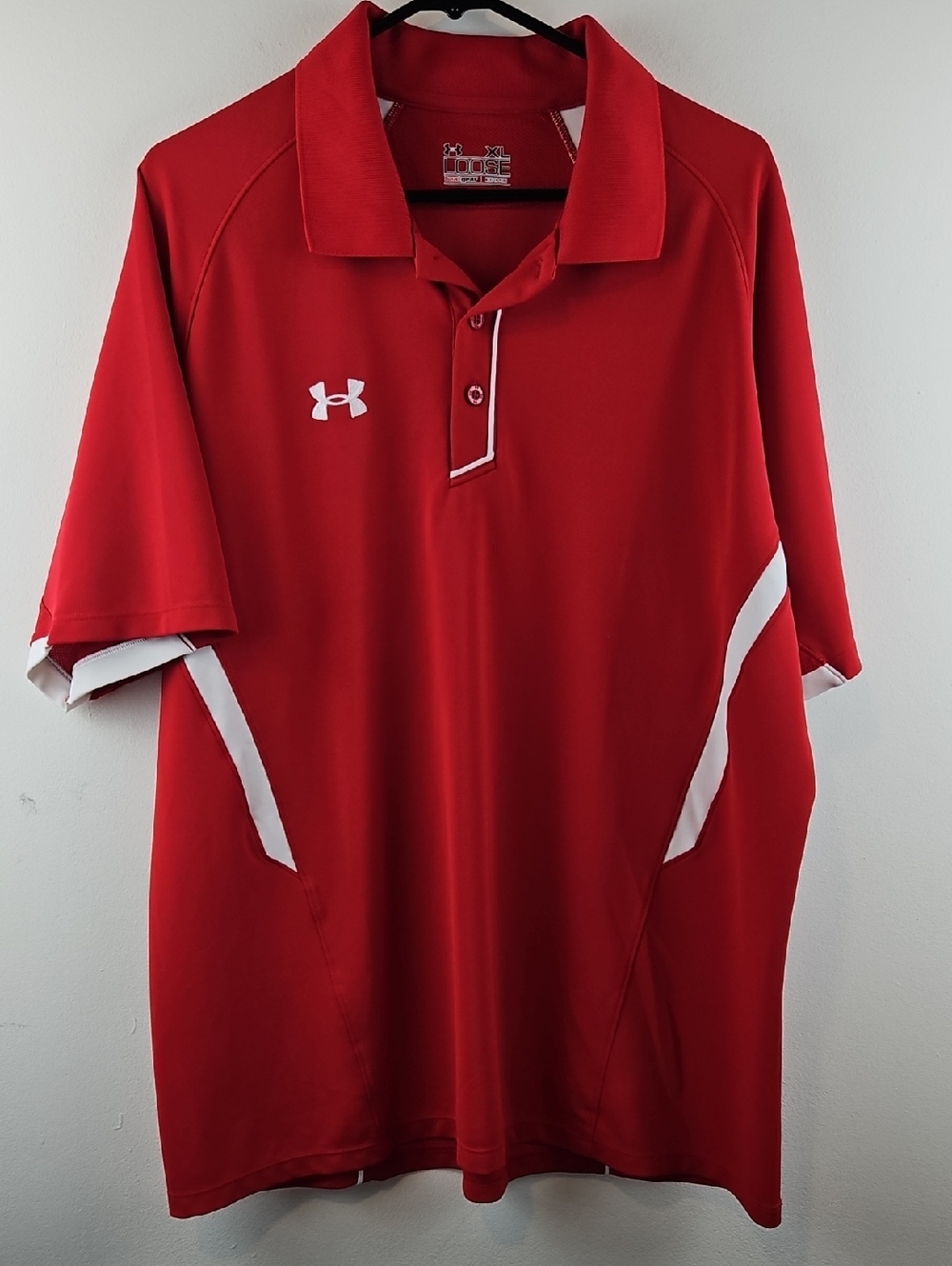 Under Armour Mens Red Athletic Polo with White Trim Size XL
